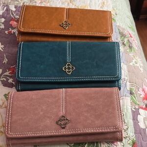 Elegant Women's Wallet Set - Tan, Teal, and Pink